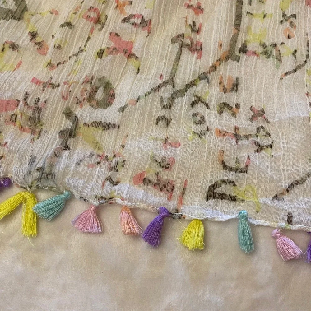 Betsey‎ Johnson Scarf Colorful Tassels Lightweight Whimsical Crinkle Boho Floral